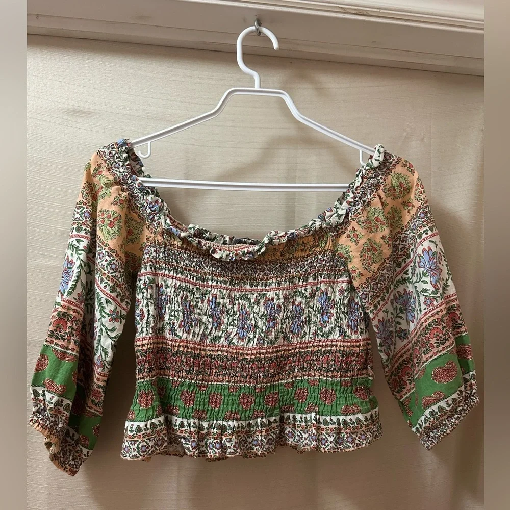 Zara Boho Smocked Floral Crop Top Peasant Blouse Puff Sleeve Size M - Picture 6 of 6